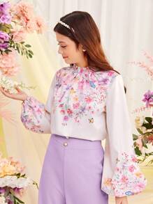 SHEIN Conjunto de 2 peças com Camisa Tecida de Manga Bolha Floral para Adolescente com Decoração de Botão de Pérola e Calça Casual Longa