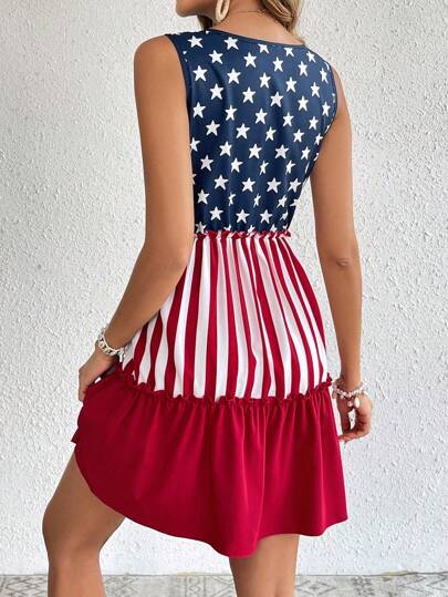LanaWest Women's Sleeveless Dress With American Flag Print And Frill Hem