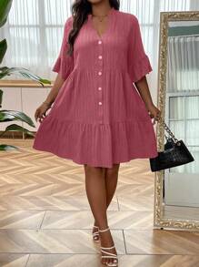 SHEIN LUNE 大尺碼女士夏季嬰兒裝連衣裙,泡泡袖,v領設計 - 藕粉色 - 查看 3