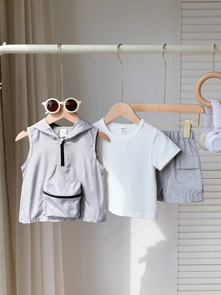Baby Boy Flap Pocket Half Zipper Placket Hooded Top & Short Sleeve Tee & Shorts