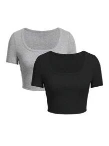 INAWLY Women's Solid Color Cropped Tee With Big Round Neckline - Multicolor - View 7