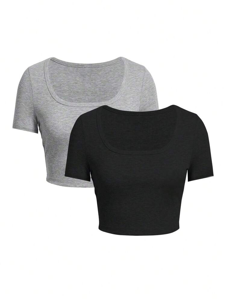 Women's Solid Color Cropped Tee With Big Round Neckline