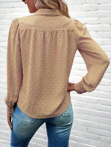 SHEIN LUNE Màu thuần Textured Tay áo lồng đèn Áo sơ mi - Màu Khaki - Xem 2
