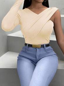 SHEIN Slayr Women's Solid Color Slim Fit Asymmetrical Neck T-Shirt - Apricot - View 6