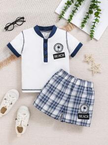 Conjunto De Camiseta De Manga Corta Y Pantalón Corto De Cuadros Para Bebé Niño En Verano