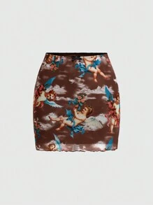 SHEIN EZwear Women's Fashionable Sheer Mesh Angel Print Skirt - Multicolor - View 1