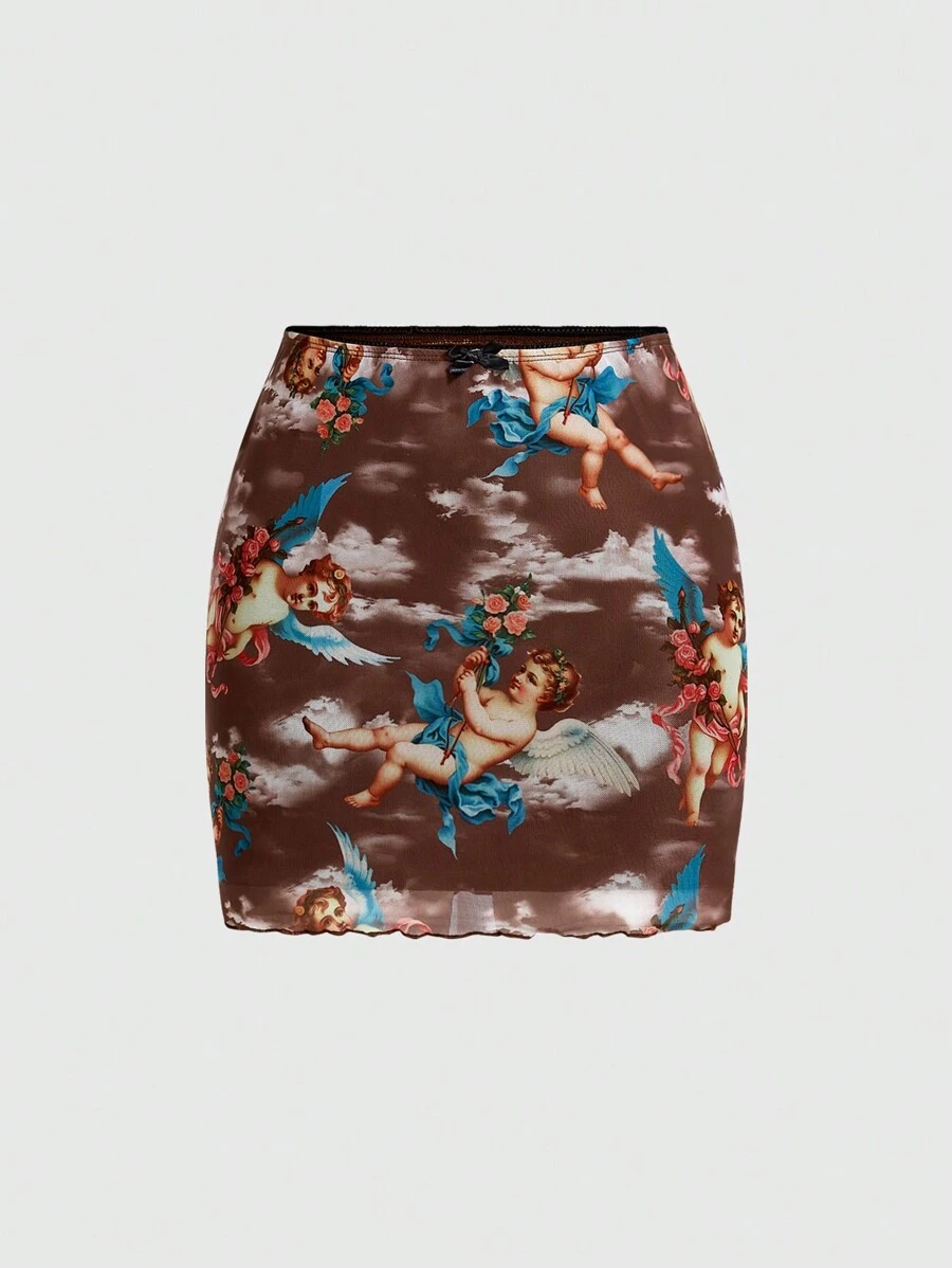 SHEIN EZwear Women's Fashionable Sheer Mesh Angel Print Skirt - Multicolor - View 1