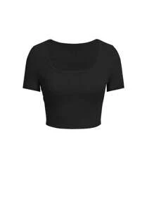 INAWLY Women's Solid Color Cropped Tee With Big Round Neckline - Multicolor - View 5