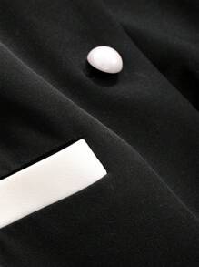 DAZY 女士短袖泡泡袖连衣裙，撞色领子，单排扣设计，适合夏季太阳裙衬衫裙 - 黑與白 - 查看 7