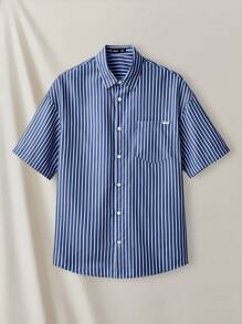 Manfinity RebelGame Nam Sọc Ngắn tay Giải trí Dệt Áo sơ mi - Xanh và trắng - Xem 1
