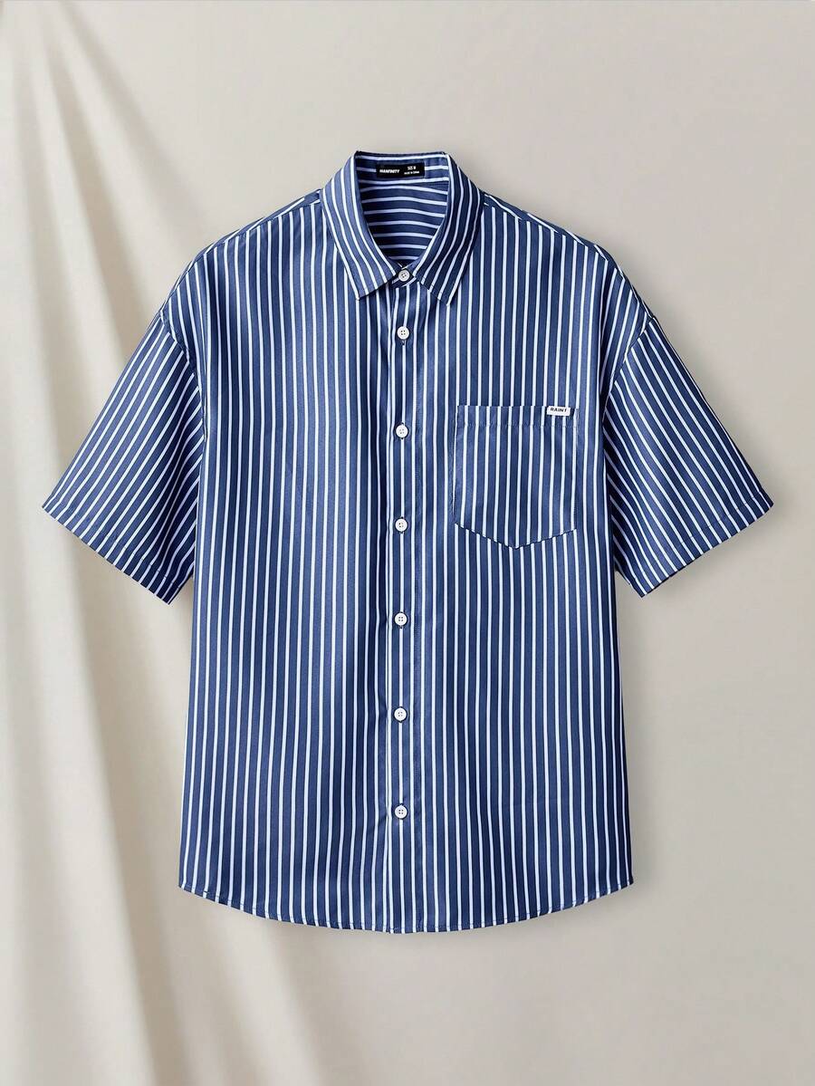 Manfinity RebelGame Nam Sọc Ngắn tay Giải trí Dệt Áo sơ mi - Xanh và trắng - Xem 1