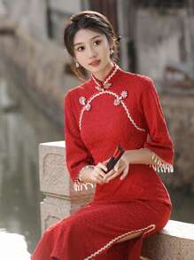 Women's Stand Collar Button Patchwork Fringe Cuff Elegant Qipao Cheongsam Dress - Red - View 3