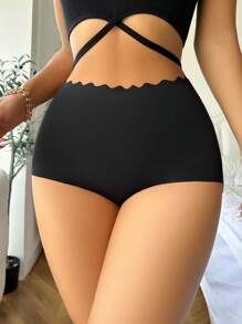 女士休闲舒适黑色针织面料高腰扇贝边内裤 - 黑色 - 查看 3