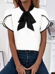 SHEIN Clasi Women Summer Color Block Ribbon Collar Petal Short Sleeve Loose Casual Shirt