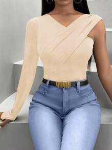 SHEIN Slayr Women's Solid Color Slim Fit Asymmetrical Neck T-Shirt - Apricot - View 1