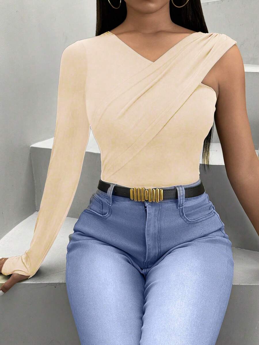 SHEIN Slayr Women's Solid Color Slim Fit Asymmetrical Neck T-Shirt - Apricot - View 1