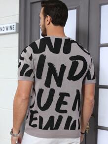 Claim Dot 男士针织短袖 T 恤，字母印花，圆领，色块，图案，趣味，朋友，工作 - 灰色 - 查看 2