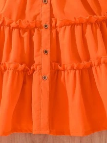 Tween Girl's Turn-Down Collar Mid-Length Dress With Woven Waist Belt Summer Holiday - Orange - View 7