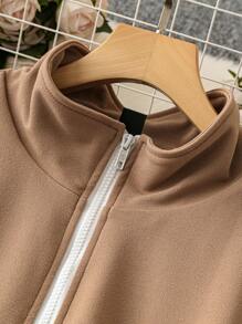 SHEIN LUNE Talla Grande Chaqueta Casual De Manga Larga Con Estampado De Bloques De Color, Cierre Frontal De Cremallera Y Cuello Alto Para Primavera Y Otoño Para Mujer