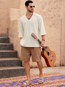 Manfinity VCAY Camiseta informal de manga corta holgada con cuello en V de punto estilo bohemio para hombres, regalo para el novio, de verano
