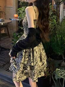 夏季花卉印花荷葉邊背心裙 - 卡其色 - 查看 2