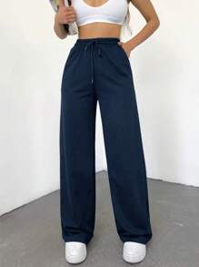 SHEIN Cottnline Pantalones Deportivos De Cintura Con Cordón De Color Liso Para Mujer - Azul - Ver 3