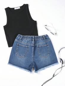 SHEIN Quần Short Denim Mùa Hè Rách Cô Gái Tuổi Teen Có Viền Sờn - Rửa tối - Xem 2