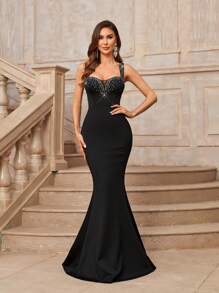 Aureia Elegant And Gorgeous Black Rhinestone Decoration Contrast Mesh Sleeveless High Waist Slimming Knitted Mermaid Heavy Industry Dress Formal Ball Gown For Women, Prom Evening Wedding Guest Dress, For Graduation, Dinner Party Dress