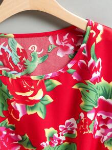 EMERY ROSE Women's Floral Print Round Neck Short Sleeve Ruffle Hem Blouse For Summer - Red - View 3