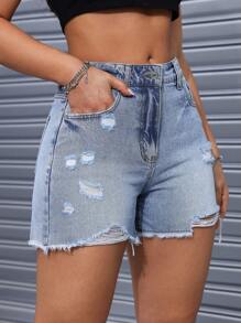 SHEIN EZwear Quý cô Đau khổ Quần short Denim Với Túi - Rửa nhẹ - Xem 6