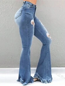 Women's Distressed Fringe Hem Flare Jeans - Medium Wash - View 3