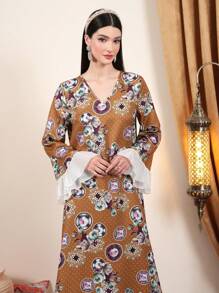 Modelyn All Over Print V-Neck Arabian Dress - Black - View 6
