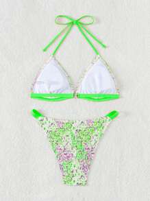 SHEIN Swim Summer Beach Ditsy Floral Printed Halter Neck Bikini Set - Multicolor - View 3