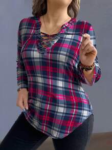 Calvaya 大尺碼女士方格紋縐襯領綁帶下擺長袖t恤 - 玫紅色 - 查看 3