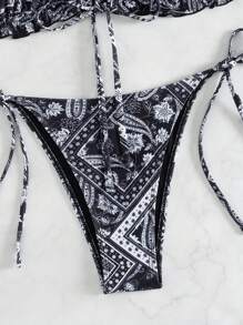 SHEIN Swim Bộ đồ bơi bikini buộc cổ họa tiết Paisley mùa hè - Đen và trắng - Xem 4