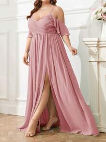 SHEIN Belle Plus Size Chiffon Bridesmaid Dress With Shoulder Cut-Out, Pleated Front, Waist Belt, High Slit And Cami Straps Elegant Dress - Dusty Pink - View 4
