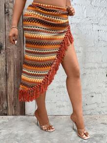 SHEIN LUNE 大碼拼色刺繡流蘇裙 - 彩色 - 查看 5