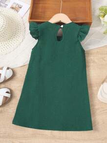 SHEIN Vestido Evasê de Manga Curta com Babados em Cor Sólida para Uso Casual Diário na Primavera e Verão para Meninas Jovens - Verde - Visão 2