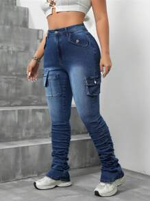 SHEIN ICON Plus Size Washed Denim Pants With Flip Pocket And Layered Design - Dark Wash - View 3