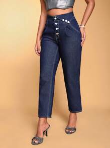 SHEIN BAE 單扣門襟折疊腰牛仔長褲 - 藍色 - 查看 3