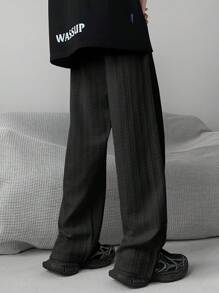 男士时尚休闲宽松提花开衩直筒裤 - 黑色 - 查看 2