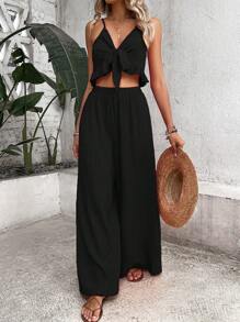 Breezaya 休閒夏季度假細肩帶背心背帶和寬鬆闊腿褲 - 黑色 - 查看 5