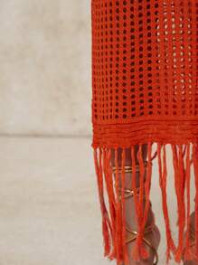 Hauture Crochet Fringe Halter Backless Dress - Burnt Orange - View 3