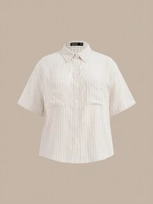 SHEIN BASICS Plus Size Women's Woven Striped Shirt With Collar For - Apricot - View 6