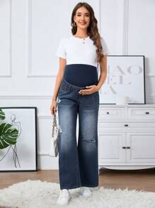 SHEIN Maternity Simple Design Denim Pants Jeans - Medium Wash - View 3
