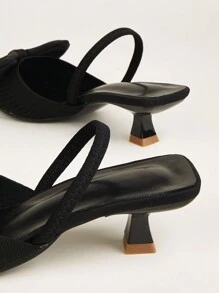 Black High Heeled Shoes With Bow Decoration And Back Strap For Women, Surface And Bow Pattern Random - Black - View 5