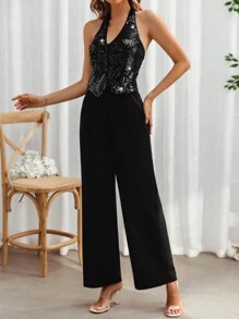 SHEIN Frenchy Dames zomer jumpsuit met patchwork wijde pijpen en halterhals geschikt voor feestjes, concert dameskleding, dames rompertjes, dames jumpsuits, rugloze jumpsuit, zwarte jumpsuit