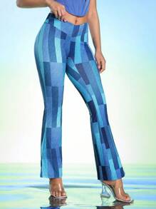 DREAM28 Designer Denim Effect Cowgirl Flare Leg Leggings, For Summer, Holiday, Vacation, Festival, Ibiza Fits - Blue - View 4