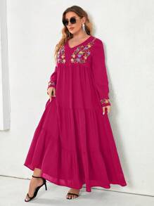 Mulvari Robe Longue Brodée Grande Taille Avec Style De Vacances - Rose vif - Voir 1
