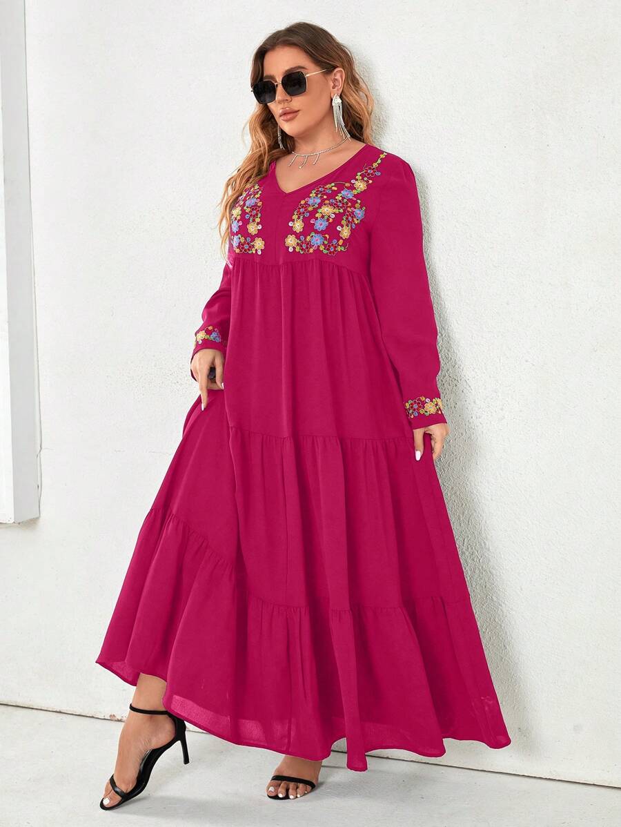 Mulvari Robe Longue Brodée Grande Taille Avec Style De Vacances - Rose vif - Voir 1